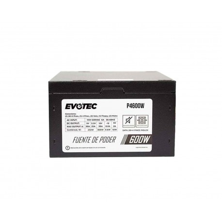 Fuente de Poder Evotec P4600w color Negro 600 W Sata X2 Molex X2 4 Pin X1 20 más 4 Pin X1